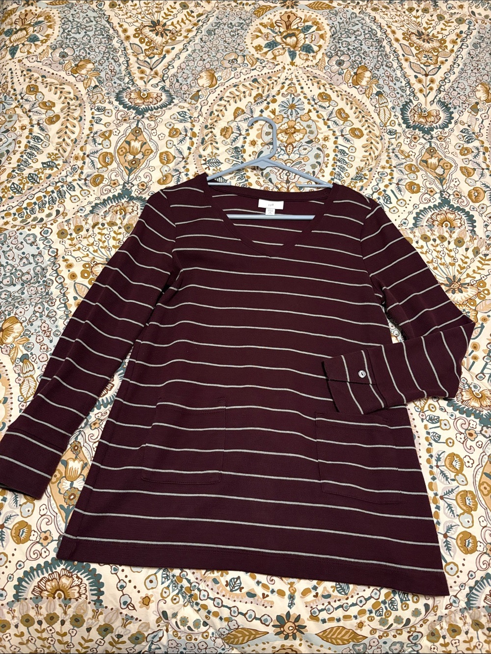 J. Jill Brown Striped V-Neck Long Sleeve Top